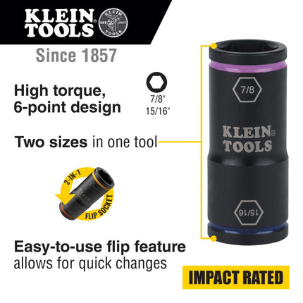 Klein Tools 66073 Impact Driver Flip Socket, 15/16- and 7/8-Inch Sizes, Use with Klein Tools Compact Impact Wrenches BAT20CW, BAT20CW1