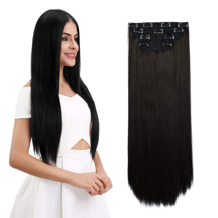 REECHO Extensiones de pelo largas y lisas de 24 pulgadas, 4 piezas, gruesas, con clip, color negro y marrón
