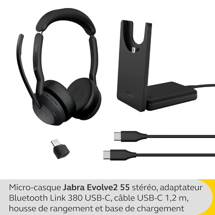 Jabra Evolve2 55 Stereo Wireless Headset with Charging Stand, Air Comfort Technology, Noise-cancelling Mics, Active Noise Cancellation - MS Teams Certified, Works with Other Platforms - Black