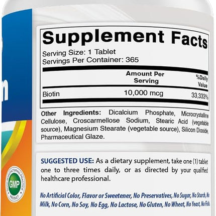 Best Naturals Biotin (Also Called Vitamin B7), 10,000 mcg 365 Tablets (365 Count (Pack of 2))