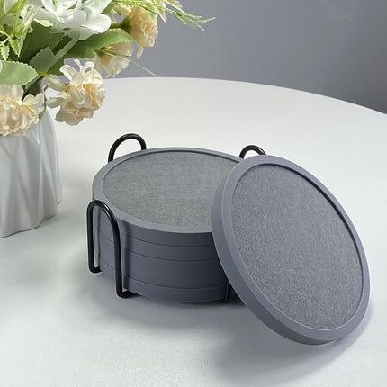 Absorbent Coasters for Drinks with Holder - 6packs, Silicone Coasters with Soft Felt Insert (4.3 inch Coasters with 4.5 inch Holder, Grey)