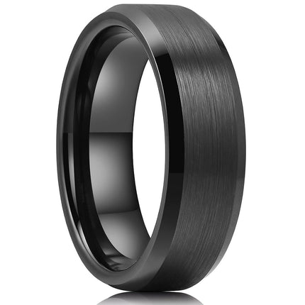 King Will BASIC 7mm Anillo de boda de carburo de tungsteno negro para hombre, acabado cepillado, borde biselado pulido 9