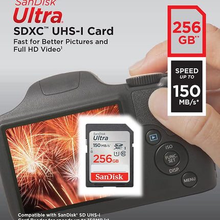 SanDisk 256GB Ultra SDXC Card, SD Card, Memory Card With Up To 150 MB/s Read Speeds, For Entry Level And Mid-range Compact Camera's, Full HD Video, UHS-I, Class 10, U1
