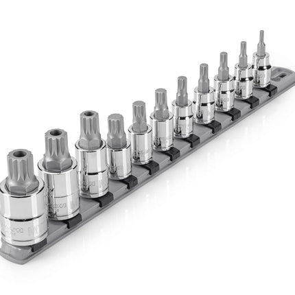 TEKTON Juego de Vasos de Punta XZN Cuadrado Triple de 3/8 y 1/2 Pulgada con Riel, 11 Piezas (M4-M12, MT14-MT18) | SHB99100