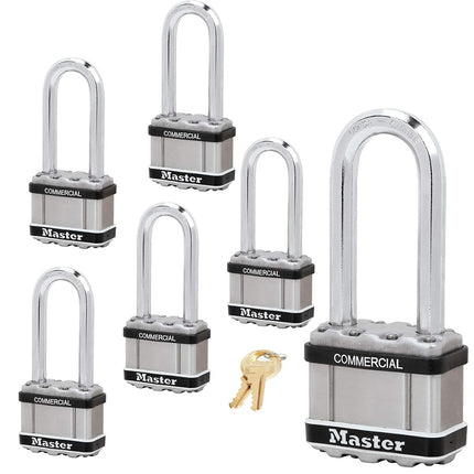 Master Lock Magnum Padlock - 2" W x 2-1/2"L Shackle, Six (6) Keyed Alike Locks M5NKALJSTS-6 w/BumpStop Technology