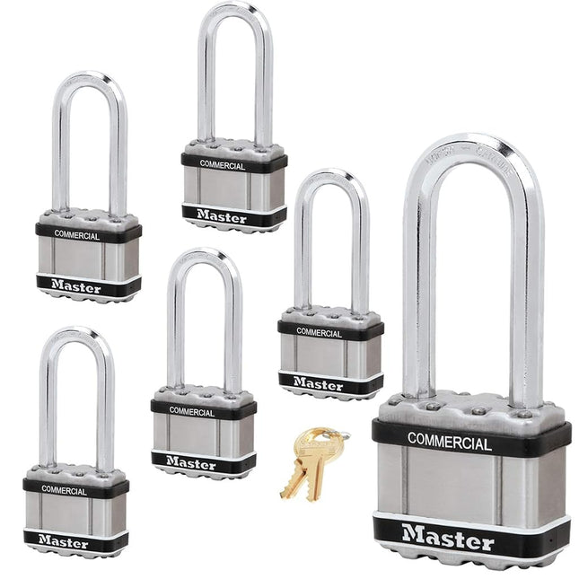Master Lock Magnum Padlock - 2" W x 2-1/2"L Shackle, Six (6) Keyed Alike Locks M5NKALJSTS-6 w/BumpStop Technology