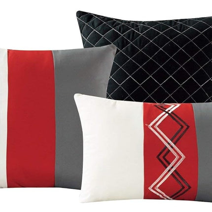 Chezmoi Collection Arden 7-Piece Modern Pleated Stripe Embroidered Zigzag Bedding Comforter Set (Queen, Red/Black/Gray/Off-White)