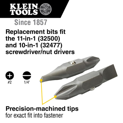 Klein Tools 32483 Bit for 11-in-1 and 10-in-1 Klein Screwdriver Nut Driver, #2 Phillips, 1/4-Inch Slotted