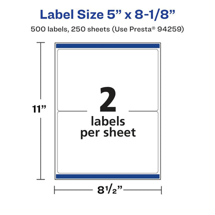 Avery Matte White Rectangle Labels with Sure Feed, 5" x 8-1/8", 500 Matte White Printable Labels