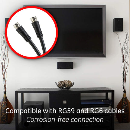 Divisor de cable coaxial GE de 2 vías, rango de 5-900 Mhz, compatible con cable coaxial RG59 RG6, audio, video, funciona con TV HD, cable, amplificadores, antenas amplificadas, níquel, resistente a la corrosión, 35046
