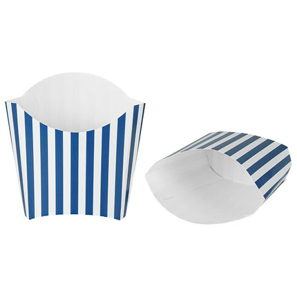 Restaurantware-Bio Tek 4.5 x 3.2 x 3.9 Inch French Fry Cup, 100 Disposable Snack Cups - Stackable, Sustainable, Blue and White Paper 3 Ounce Fry Holder, for Fries, Onion Rings, Popcorn, or Cookies