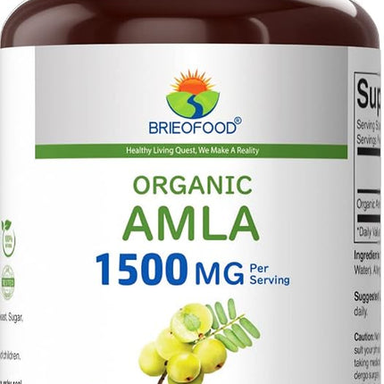 Brieofood Organic Amla 1500mg, 45 Servings, Vegetarian, Gluten Free, 90 Vegetarian Tablets