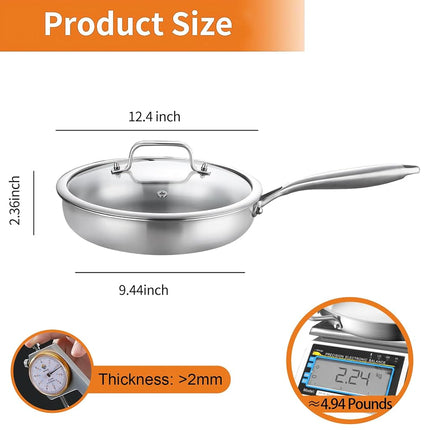 DELARLO Tri-Ply Stainless Steel Frying Pan,Compatible with All Cooktops Up to 500℉, Heavy Duty, Fast & Even Heat (12IN+Lid)