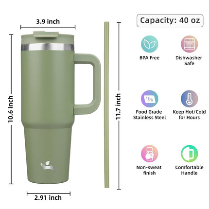 Gobelet Konokyo 40 oz avec poignée et 2 pailles, bouteille d'eau isolée 2 en 1 avec couvercle, tasse de voyage à café en acier inoxydable, vert armée