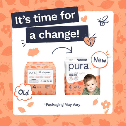 Pura Baby Diapers Size 4-108 Count, 22-32lbs, 12hr Leak Protection, Soft & Gentle Diapers for Hypoallergenic & Sensitive Baby Skin, Toxin-Free*, Organic Cotton, Blowout Blocker™, New Size Guide