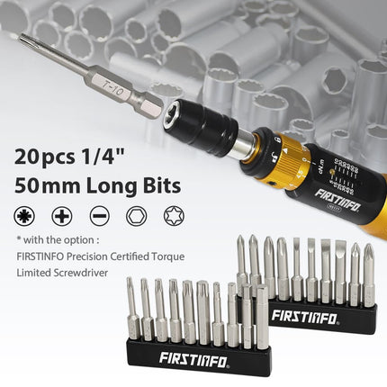 FIRSTINFO H5199D Screwdriver Bit Set, 1/4" Hex Head 50mm Long, 20 Pieces with Phillips Hex Star Flat and PZ