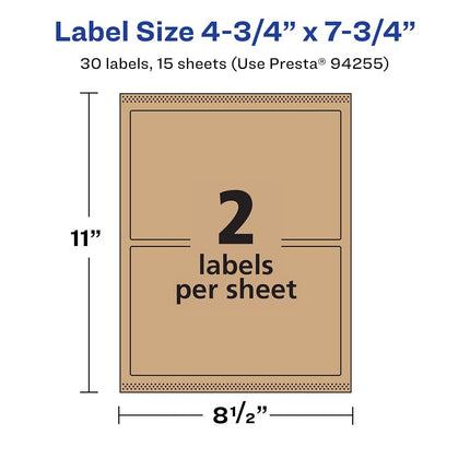 Avery Kraft Brown Rectangle Labels with Sure Feed, 4.75" x 7.75", 30 Kraft Brown Labels, Print-to-The-Edge, Laser/Inkjet Printable Labels