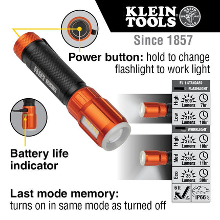 KLEIN TOOLS Rechargeable LED Flashlight with Worklight, 500 Lumens, USB Charging Cable, Pocket Clip, Battery Life Indicator, Magnetic 56412, Orange/Black