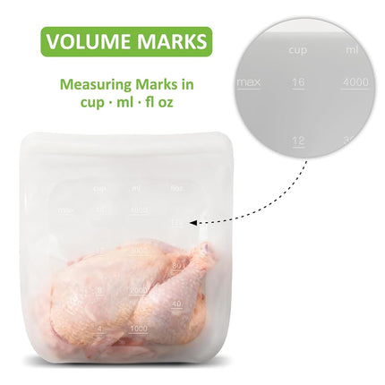100% Silicone Gallon Freezer Bags, Extra Large Reusable 1 Gallon Silicone Storage Bags Stand-Up Zip-Lock Leakproof for Bulk Food & Large Portions, Freezer Microwave Sous Vide Dishwasher Safe, 2 Pack