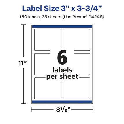 Avery Durable Waterproof Rectangle Labels with Sure Feed, 3" x 3.75", 150 Oil and Tear-Resistant Waterproof Labels, Print-to-The-Edge, Laser/Pigment-Based Inkjet Printable Labels