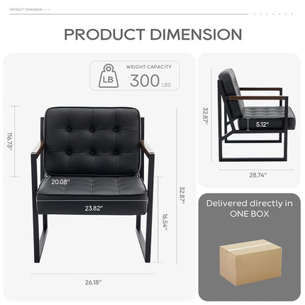 Sillón decorativo moderno de mediados de siglo COLAMY, juego de 2, cómodo sillón para sala de estar, sillón decorativo de cuero negro, sillón con reposabrazos de cuero sintético con patas de metal para sala de estar, dormitorio, recepción, oficina, negro