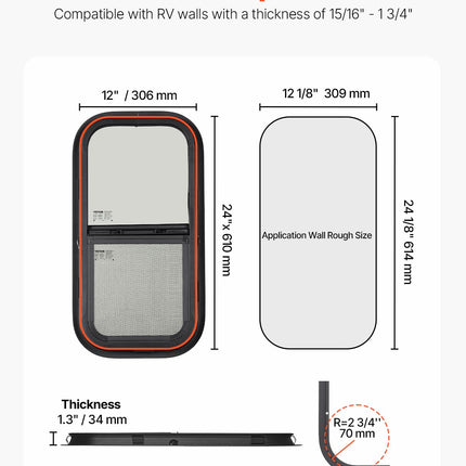 VEVOR Vertical RV Window, 12" W x 24" H Tinted Sliding with Net Screen & Trim Ring, Fit 15/16" - 1 3/4" Thickness Wall, RV Window Replacement for Teardrop Cargo Trailer Camper, DOT Approved