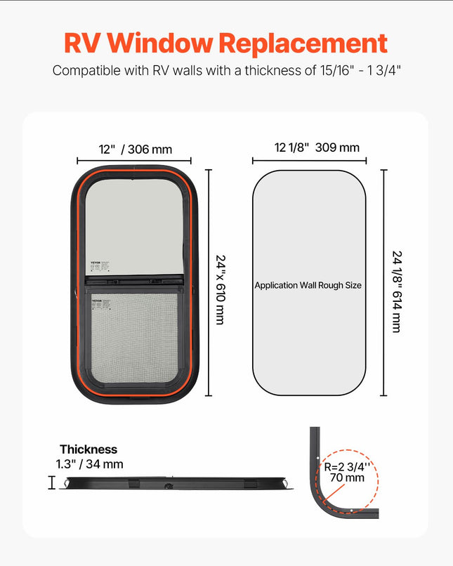VEVOR Vertical RV Window, 12" W x 24" H Tinted Sliding with Net Screen & Trim Ring, Fit 15/16" - 1 3/4" Thickness Wall, RV Window Replacement for Teardrop Cargo Trailer Camper, DOT Approved