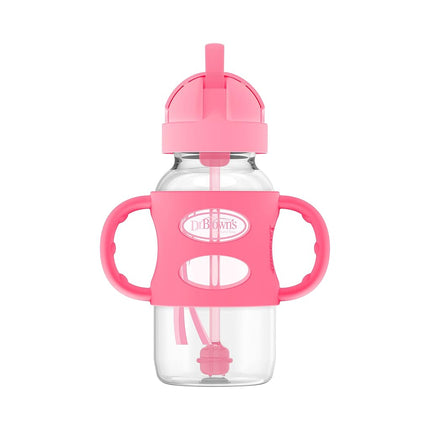 Dr. Brown's Wide-Neck Sippy Straw Bottles with Silicone Handles, Gray and Pink, 270ml, 9 Oz (Pack of 2)