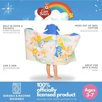 Care Bears Retro Kids Super Soft Bath/Pool/Beach Soft Cotton Terry Hooded Towel Wrap, 24 in x 50 in, (Officially Licensed Product) By Franco