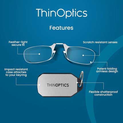 ThinOptics Foldable Reading Glasses 2.50, Clear, Keychain, Armless, Compact