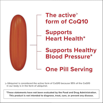 Qunol Ubiquinol CoQ10 Cápsulas blandas de 100 mg, Ubiquinol - Forma activa de Coenzima Q10, Antioxidante para la salud cardíaca, Niveles saludables de presión arterial, Beneficioso para usuarios de estatinas, 60 unidades