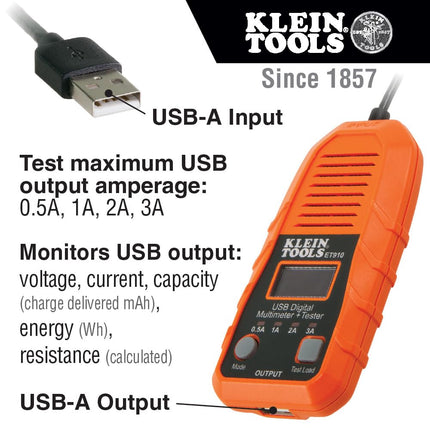 Klein Tools ET910 USB Power Meter and Tester, USB-A Digital Meter for Voltage, Current, Capacity, Energy, Resistance, Max Current