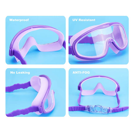 KAILIMENG 2 Pack Kids Swim Goggles, Clear Wide View No-Leak Anti-Fog UV Protection Swimming Glasses with Nose Clip Earplugs for Toddlers Youth Child 3-15 Years Old (Pink & Purple, 2 Pack)