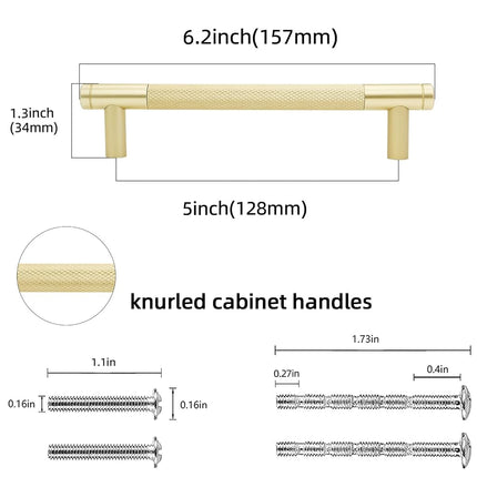 POVEFONK 30 Pack 5 inch(128mm) Brushed Brass Kitchen Cabinet Handles Knurled Cabinet Pulls Gold Drawer Pulls Kitchen Hardware