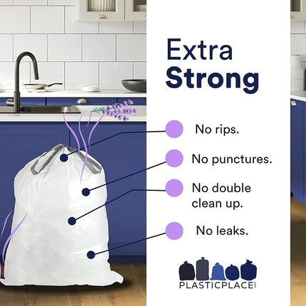 Plasticplace TRA170WHLV White Drawstring Lavender and Soft Vanilla Scented Rubbish Bin Liners, Code H Compatible (200 Count), 8-9 Gallon 30-35 Liter, 18.5" x 28"