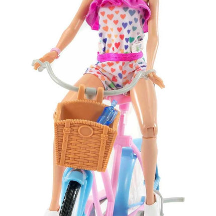 Muñeca Barbie y set de juego de bicicleta con muñeca (29 cm, rubia), bicicleta con ruedas giratorias y accesorio de botella de agua, regalo para niños de 3 a 7 años, azul, rosa, blanco