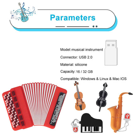 16GB USB Flash Drive Pack of 5 Pcs, BorlterClamp Thumb Drives Memory Stick with Cute Musical Instruments Pattern, USB Drive Gift for Students, Teachers and Kids
