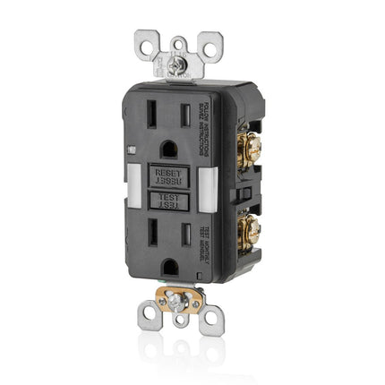 Leviton GFNL1-E 15 Amp, 125 Volt Receptacle/Outlet, 20 Amp Feed-Through, Tamper-Resistant, Self-test SmartlockPro Slim Guide Light GFCI, Monochromatic, back and side wired, self-grounding clip included, wallplate/faceplate sold separately - Black