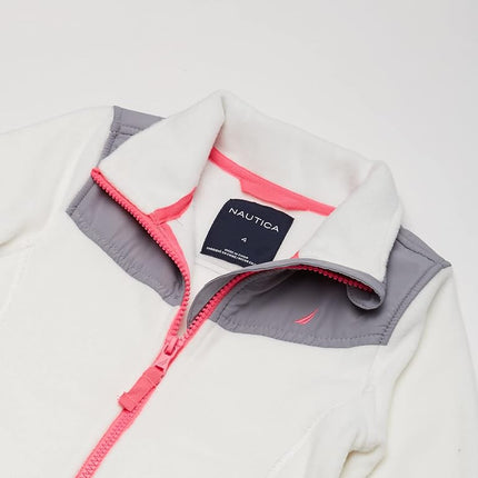Nautica Girls' Full-Zip Fleece Jacket, Signature Logo Design, Lightweight & Wind Resistant, Cream/Grey, 16