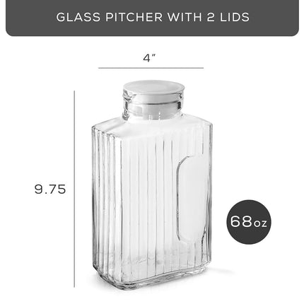 68oz Glass Pitcher with Lid (2 Lids) - Rectangle Beverage Serveware and Storage Container for Hot or Cold. Kool Aid Lemonade Pitcher, Water Containers, 2 Quart