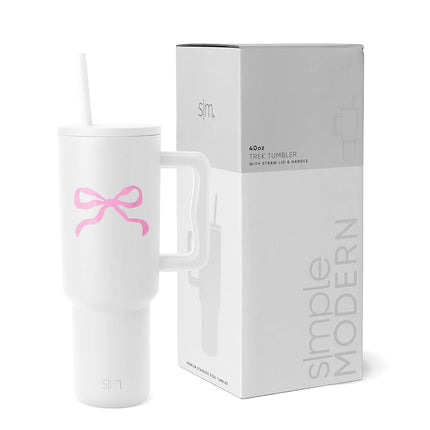 Simple Modern 40 oz Tumbler with Handle and Straw Lid | Insulated Reusable Stainless Steel Water Bottle Travel Mug Cupholder Friendly | Gift for Women Men | Trek Collection | Bows on White