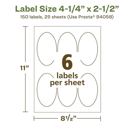 Avery EcoFriendly Matte White Recycled Oval Labels, 4.25" x 2.5", Matte White Labels, Permanent Adhesive, Laser/Inkjet Printable, 150 Total
