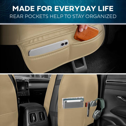 MotorBox Car Seat Covers – DiamondLux Edition Premium Faux Leather Tan Beige Seat Protectors – Double Cross Stitched Cushioned Automotive Accessories for Trucks, SUVs, Cars – Front Seat Set