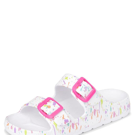 The Children's Place girl's Double Buckle Slip on Slide Sandals, White Paint Splatter, 1 Big Kid