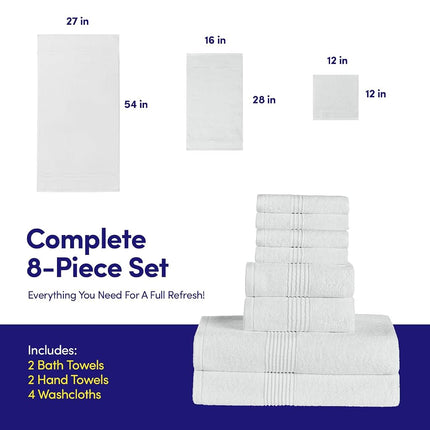 Juego de toallas de baño de 8 piezas – 100% algodón peinado – Baño + Mano + Toallas de cara – Toallas suaves y absorbentes con certificación Oeko-TEX con bordes duraderos de doble costura para baño o spa de invitados, blancas