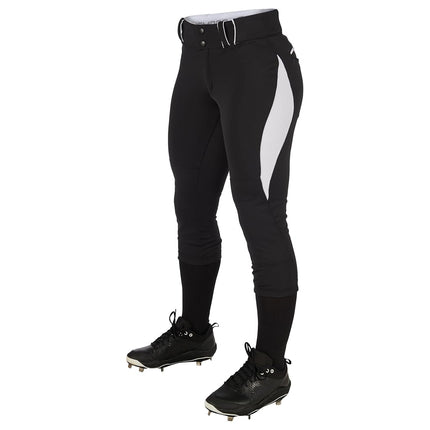 Pantalon de softball Champro Surge traditionnel taille basse pour fastpitch avec passepoil tressé de couleur contrastée - Petit, Noir, Blanc