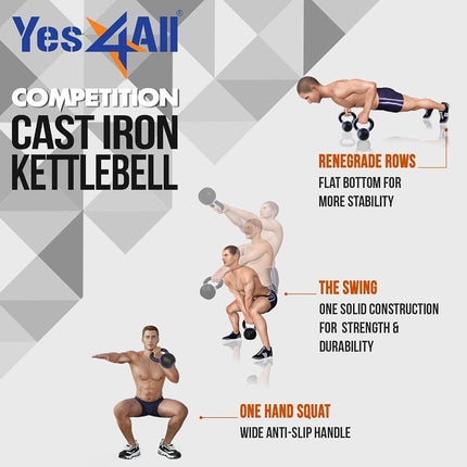 Yes4All Powder Coated Cast Iron Competition Kettlebell with Wide Handles & Flat Bottoms 6kg/ 13lbs Pair