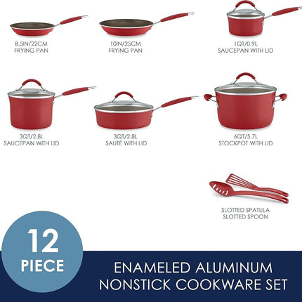 Set de utensilios de cocina de 12 piezas Rachael Ray Cucina antiadherente de esmalte de porcelana, color rojo arándano
