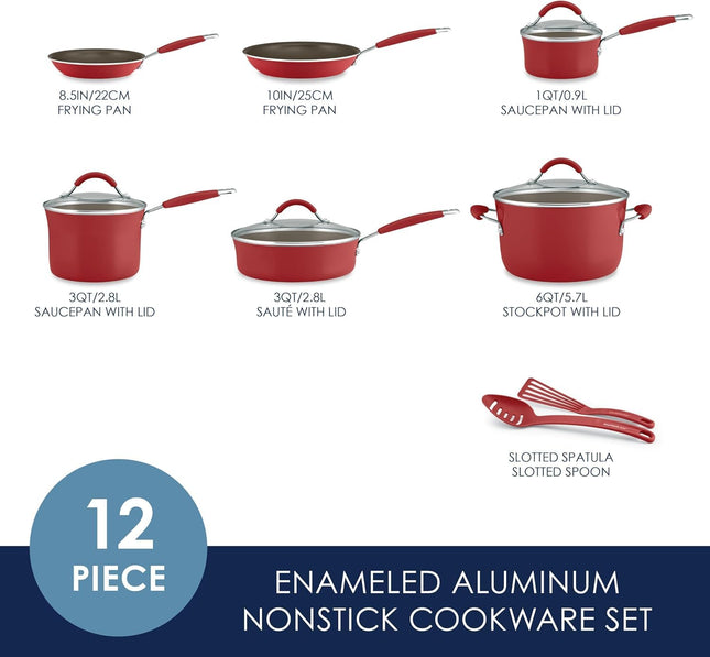 Set de utensilios de cocina de 12 piezas Rachael Ray Cucina antiadherente de esmalte de porcelana, color rojo arándano