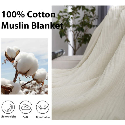 Simple&Opulence Cotton Muslin Throw Blanket for Bed, Couch, Knit Woven Gauze Blanket with Tassels, Soft Lightweight Cozy Pre-Washed Breathable Farmhouse Decoration for All-Season (Cream)